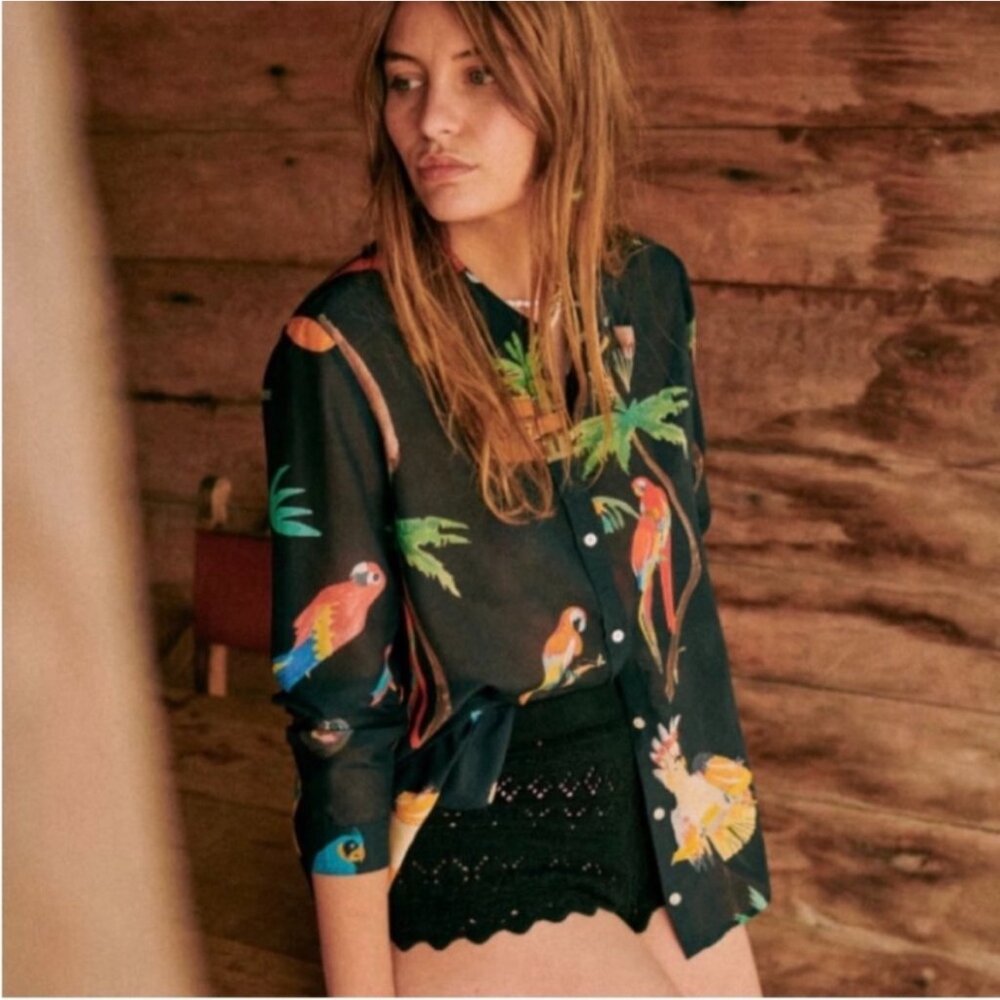 Sezane x G.Kero Pierro Black Jungle Parrot Silk Blened Blouse FR 46/US 14 - Picture 16 of 16